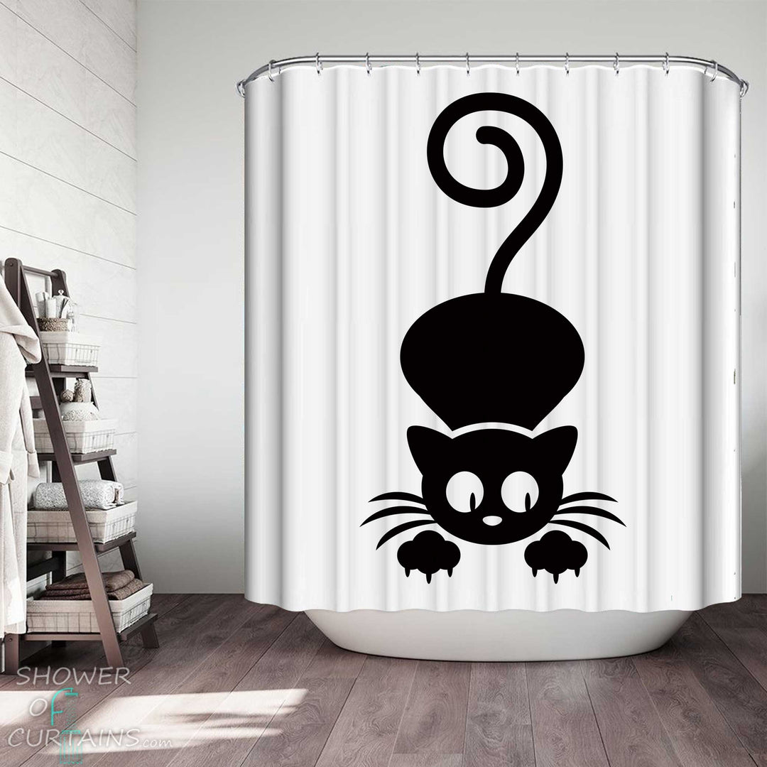Shower Curtains with Black and White Suspicious Cat