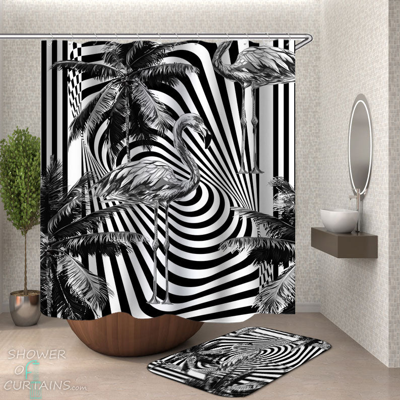 Shower Curtains with Black and White Tropical Flamingo