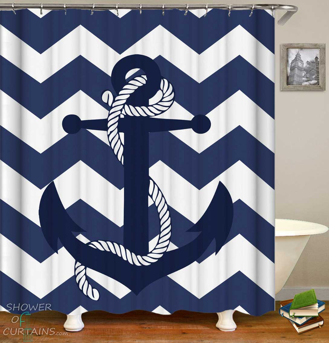 Shower Curtains with Blue Anchor and Chevron