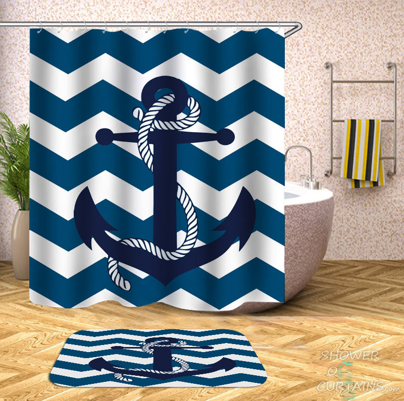 Shower Curtains with Blue Anchor over Blue Chevron