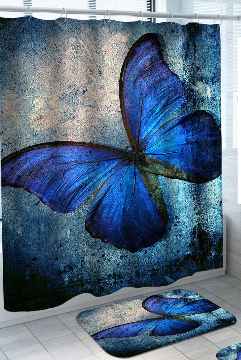 Shower Curtains with Blue Butterfly on Concrete Wall