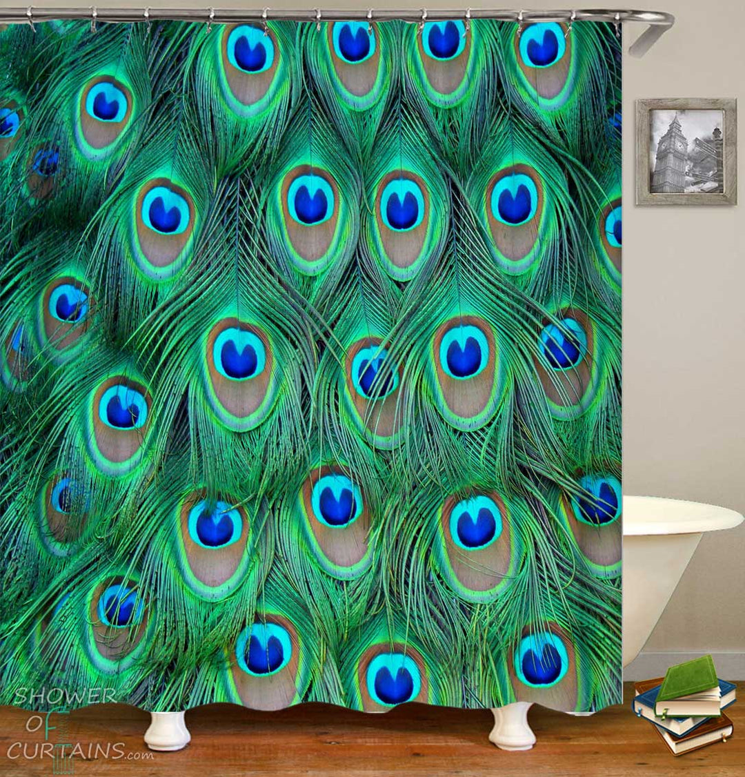 Shower Curtains with Blue Green Peacock Feathers