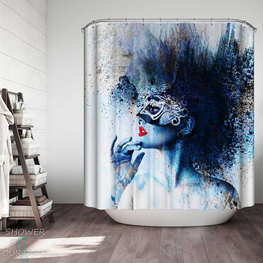 Shower Curtains with Blue Mask Beautiful Woman