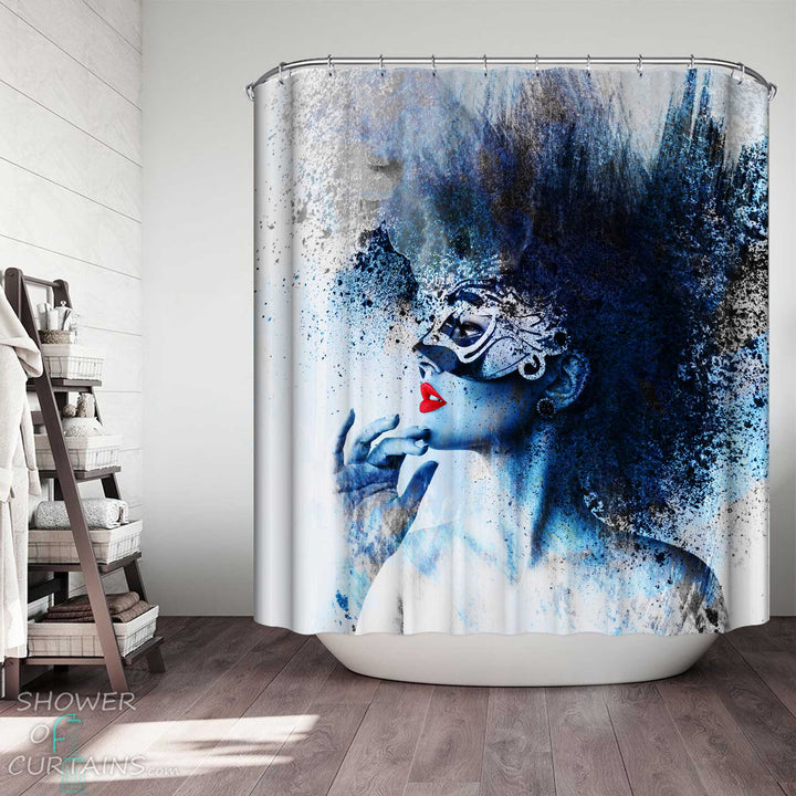 Shower Curtains with Blue Mask Beautiful Woman