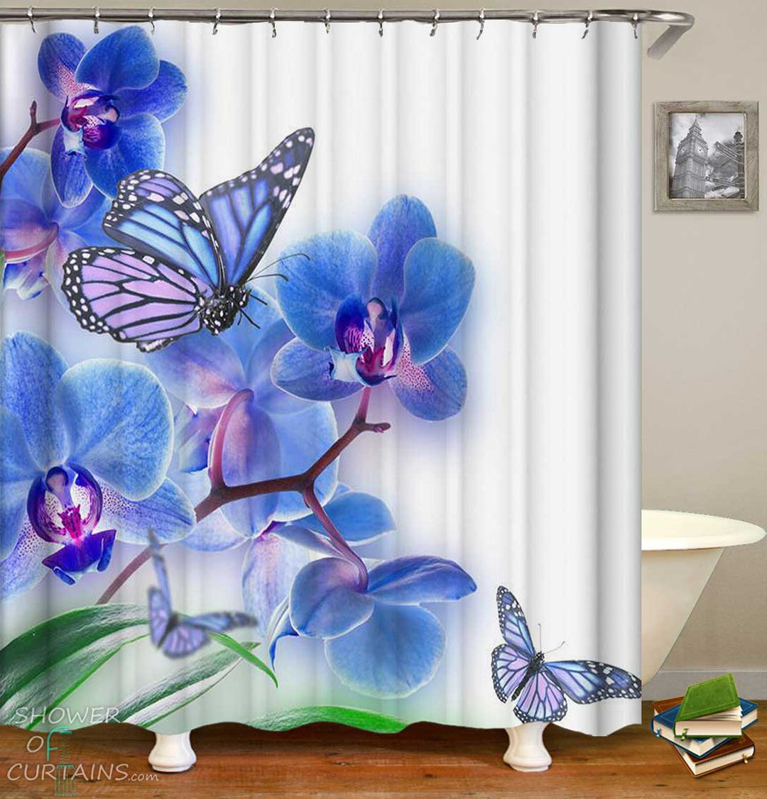 Shower Curtains with Blue Orchid Flowers and Butterflies