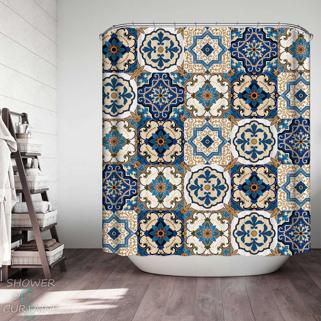Shower Curtains with Blue Tiles Moroccan Design