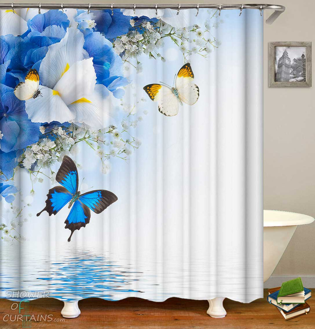 Shower Curtains with Blue White Butterflies and Flowers