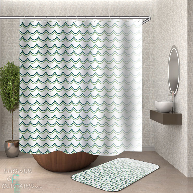 Shower Curtains with Blue and Green Drawing Waves