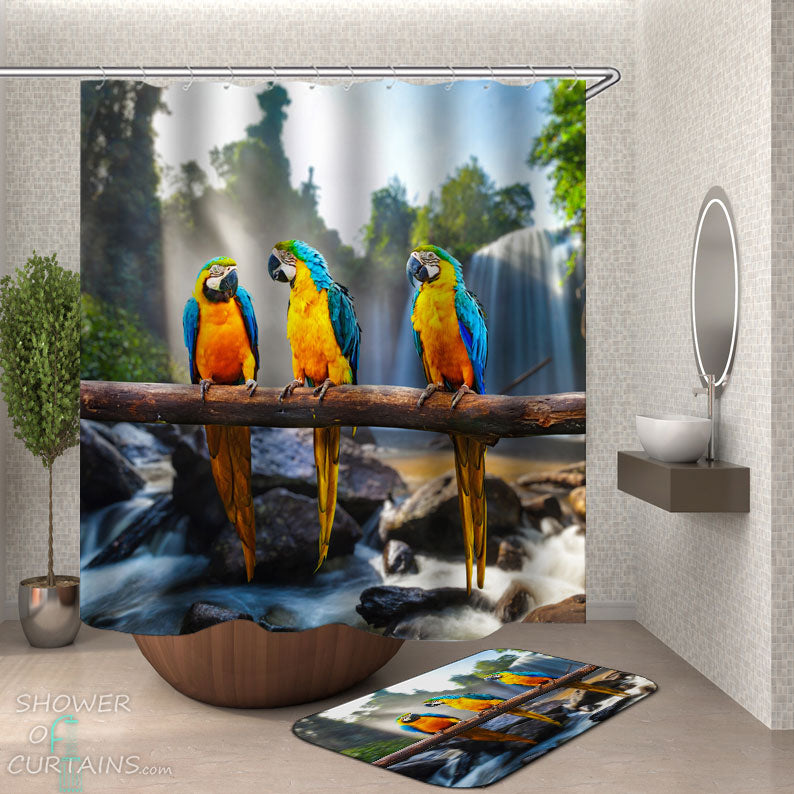 Shower Curtains with Blue and Yellow Macaw Ara