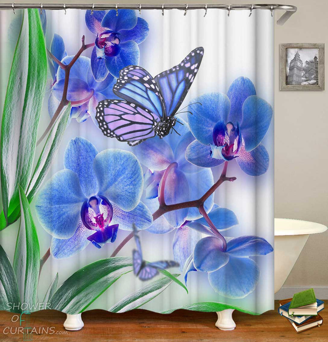 Shower Curtains with Bluish Floral and Butterfly