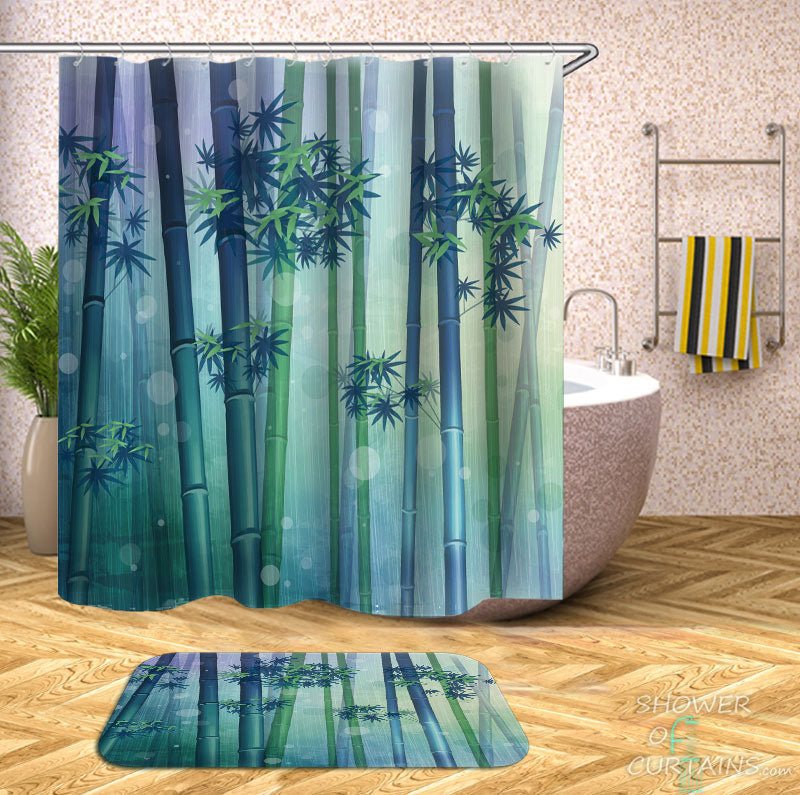 Shower Curtains with Bluish Green Bamboo