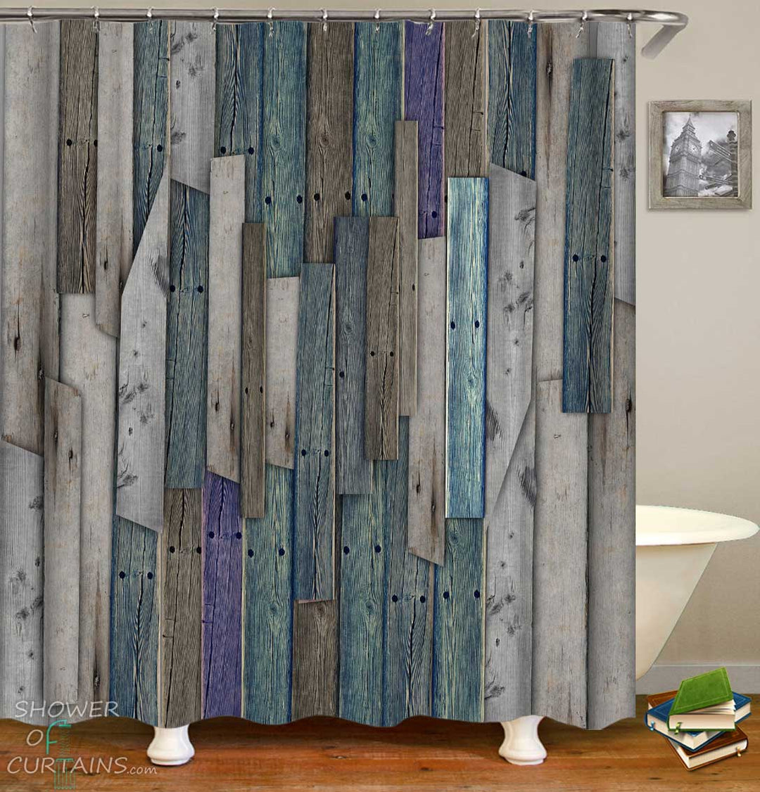 Shower Curtains with Bluish Patched Wooden Wall