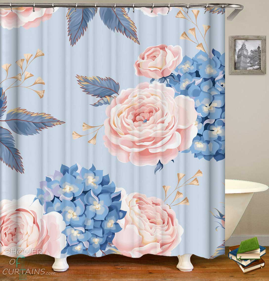 Shower Curtains with Bluish Pinkish Floral