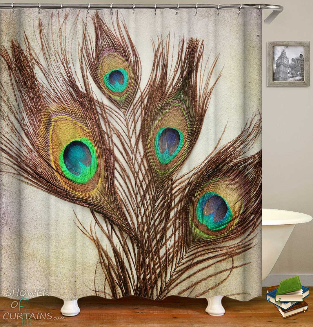 Shower Curtains with Brownish Peacock Feathers