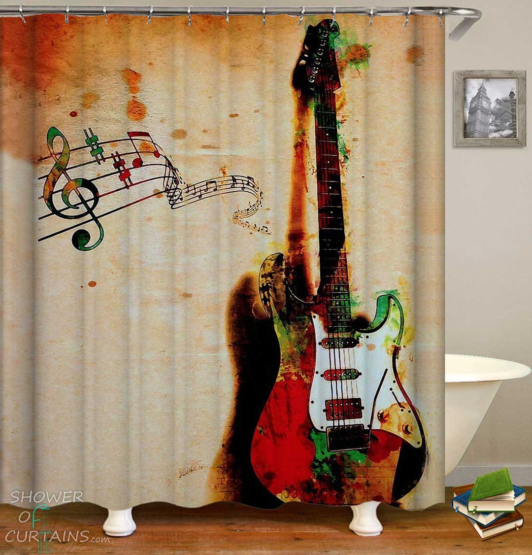 Shower Curtains with Burned Electric Guitar