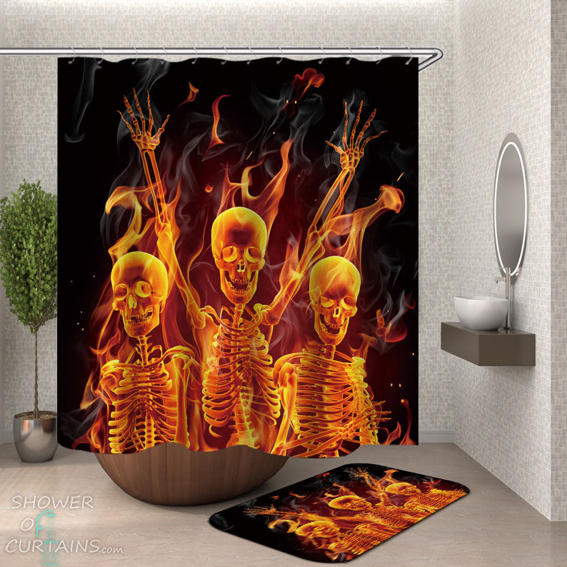 Shower Curtains with Burning Skeletons