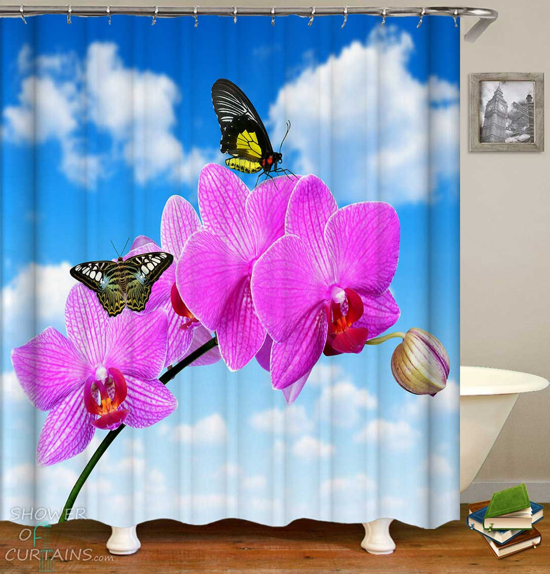 Shower Curtains with Butterflies Pink Flowers Over Blue Sky 
