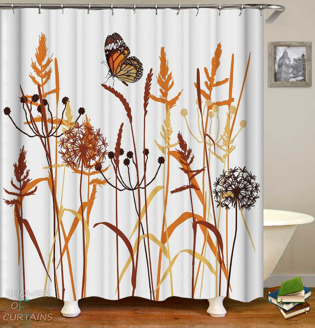 Shower Curtains with Butterfly over Dry Field Crop