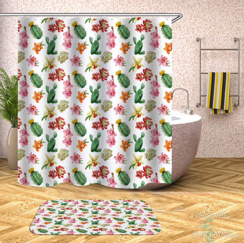 Shower Curtains with Cactus and Cactus Flowers Pattern