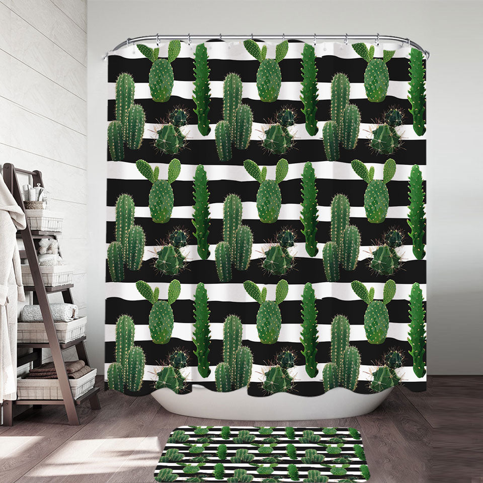 Shower Curtains with Cactus over Black and White Stripes