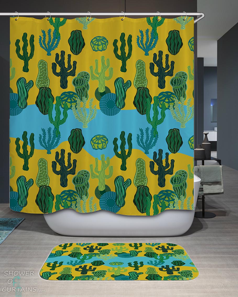 Shower Curtains with Cactus over Blue and Yellow