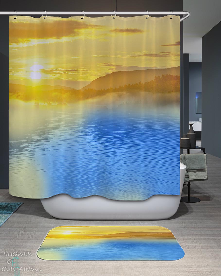 Shower Curtains with Calm Lake at Sunset