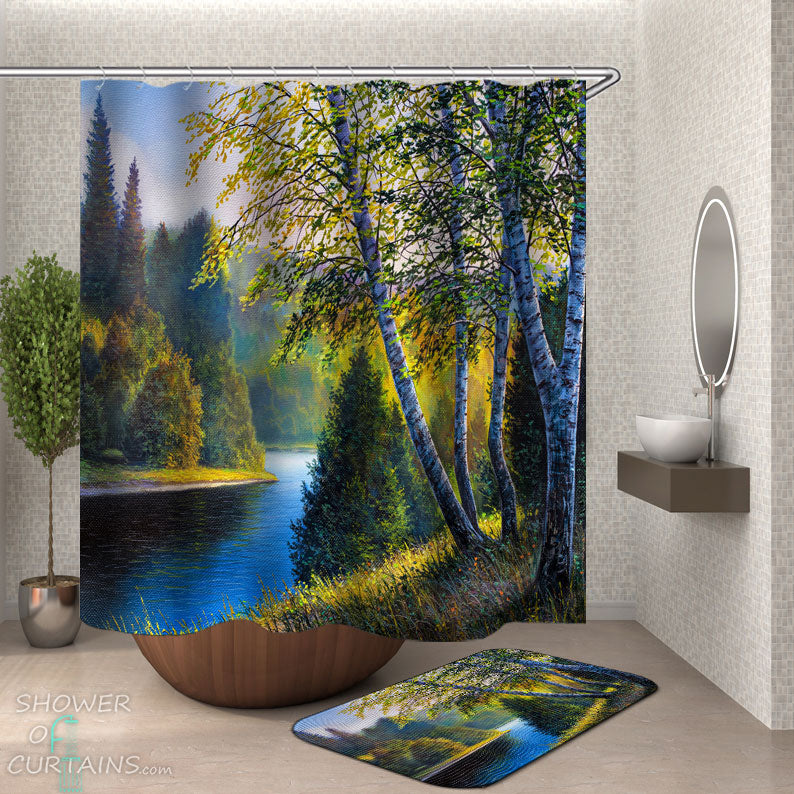 Shower Curtains with Calm Lake in the Forest