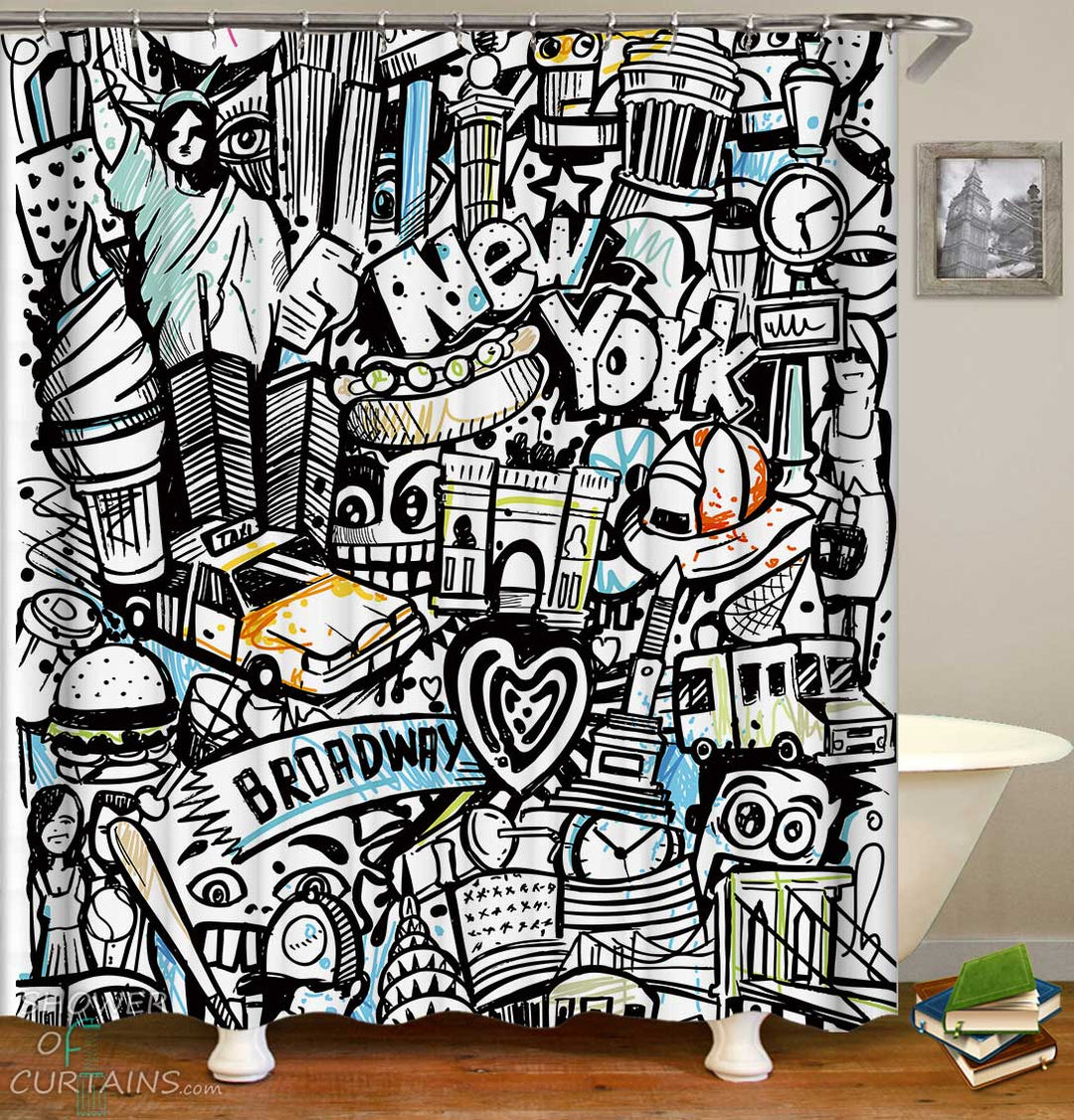 Shower Curtains with Cartoon Drawing New York City