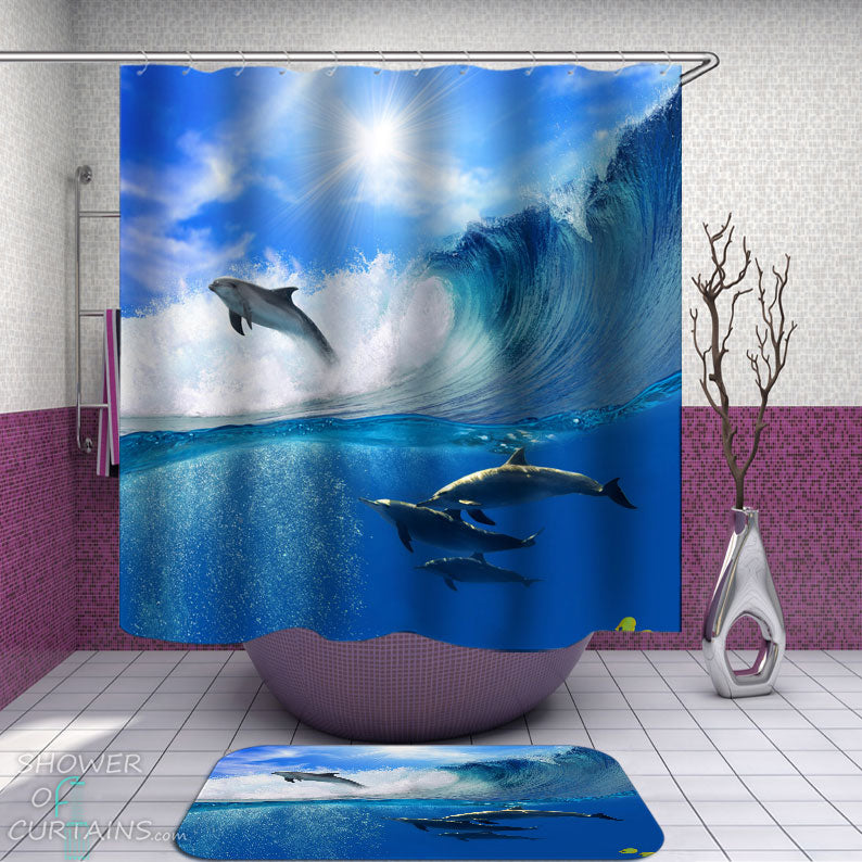 Shower Curtains with Catching Waves with Dolphins