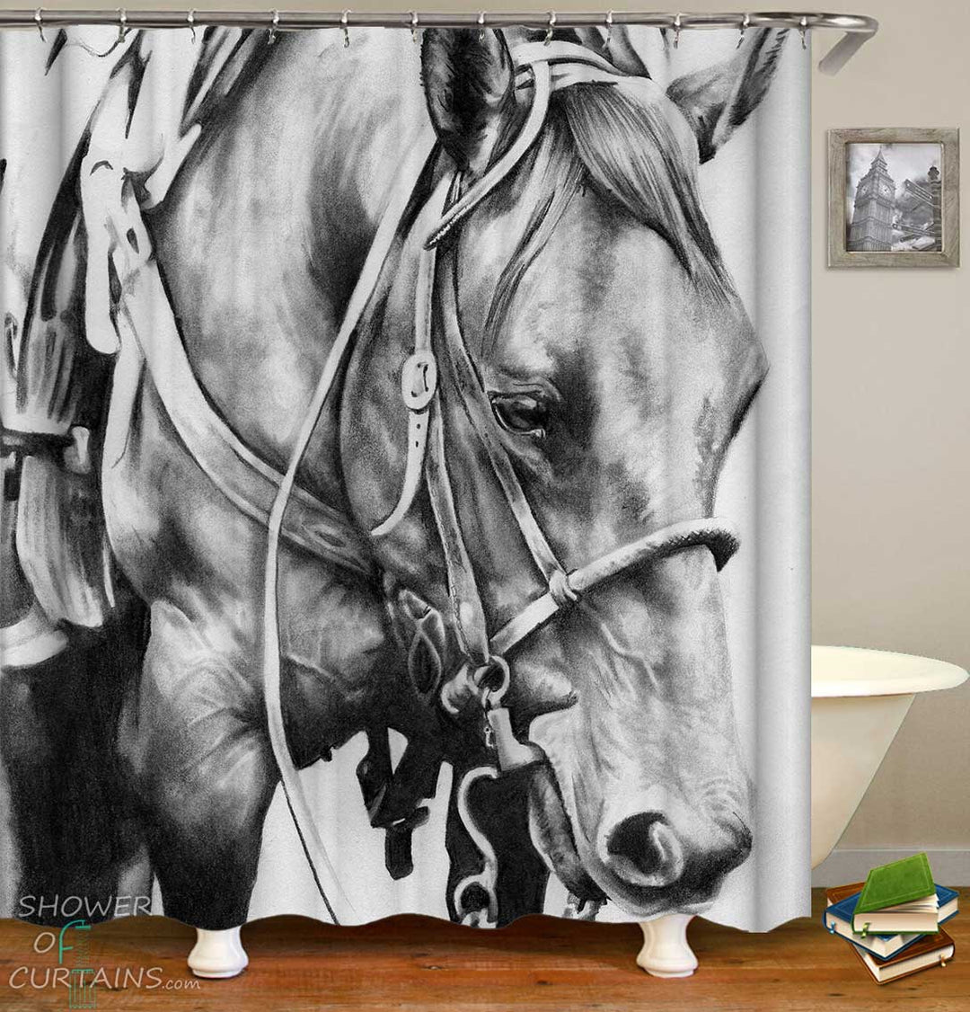 Shower Curtains with Charcoal Drawing Horse