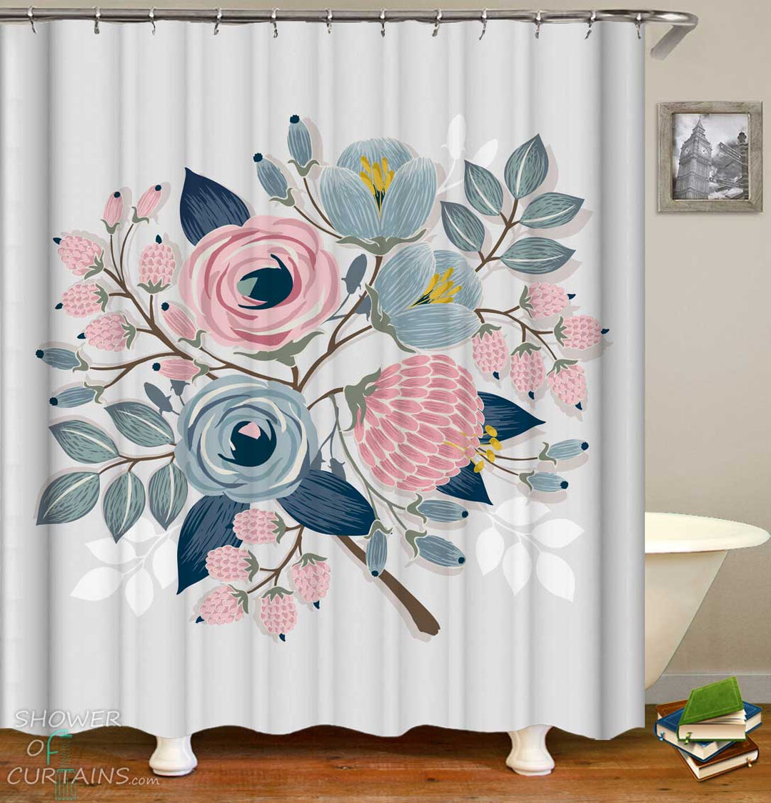 Shower Curtains with Cheerful Colors Floral Drawing