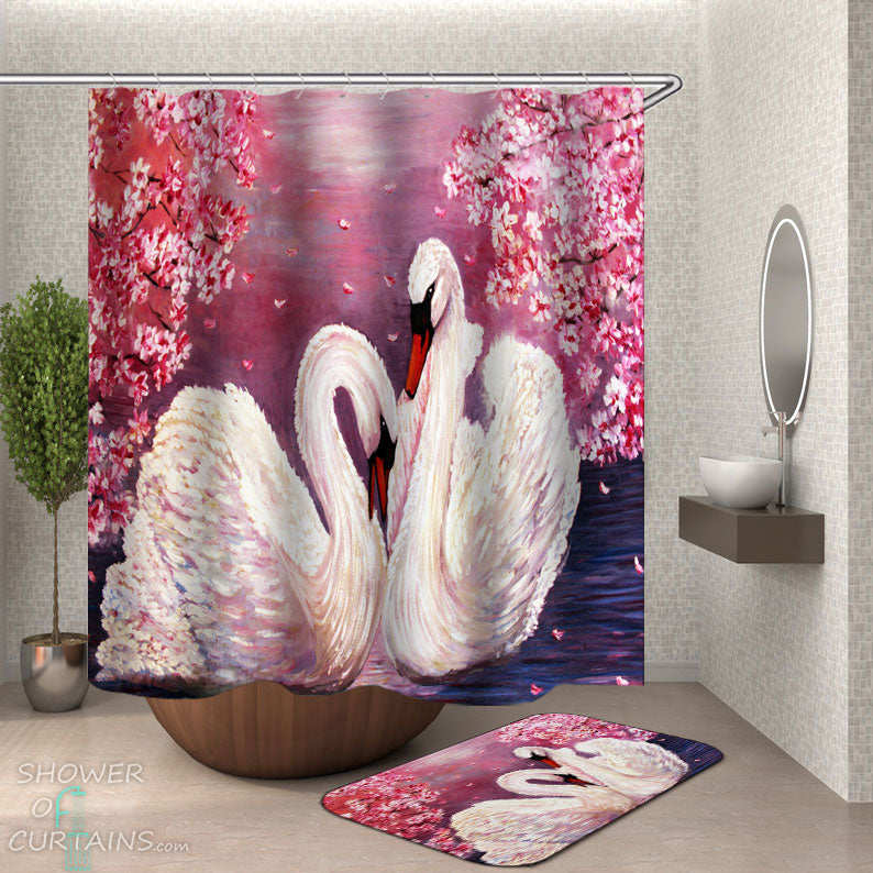 Shower Curtains with Cherry Blossom Swans