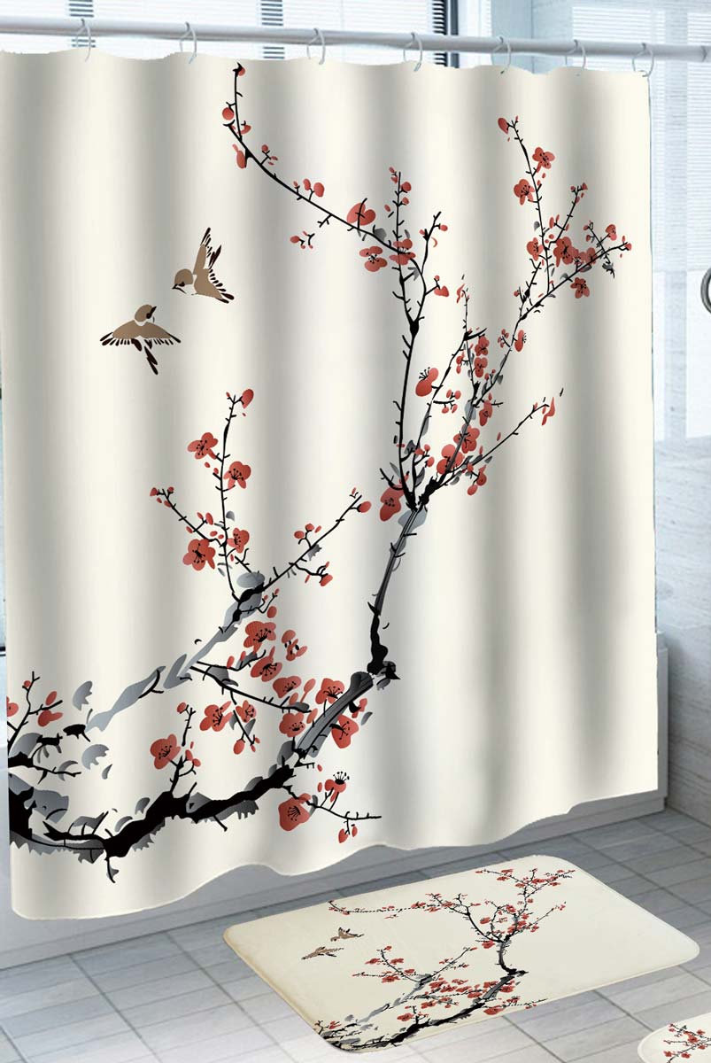 Shower Curtains with Cherry Blossom and Birds