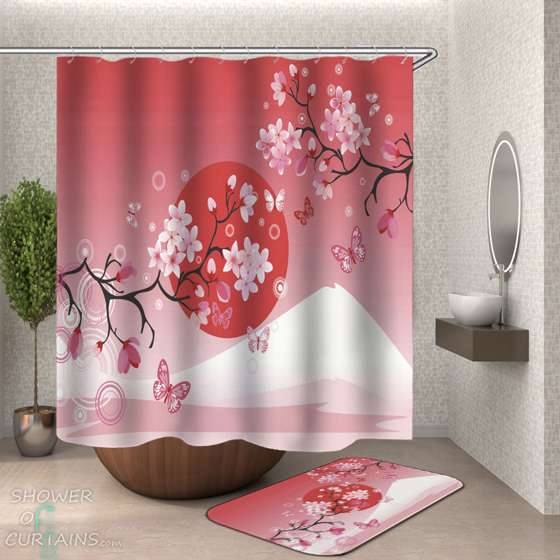 Shower Curtains with Cherry Blossom and Butterflies