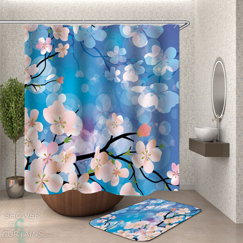 Shower Curtains with Cherry Blossom over Light Blue