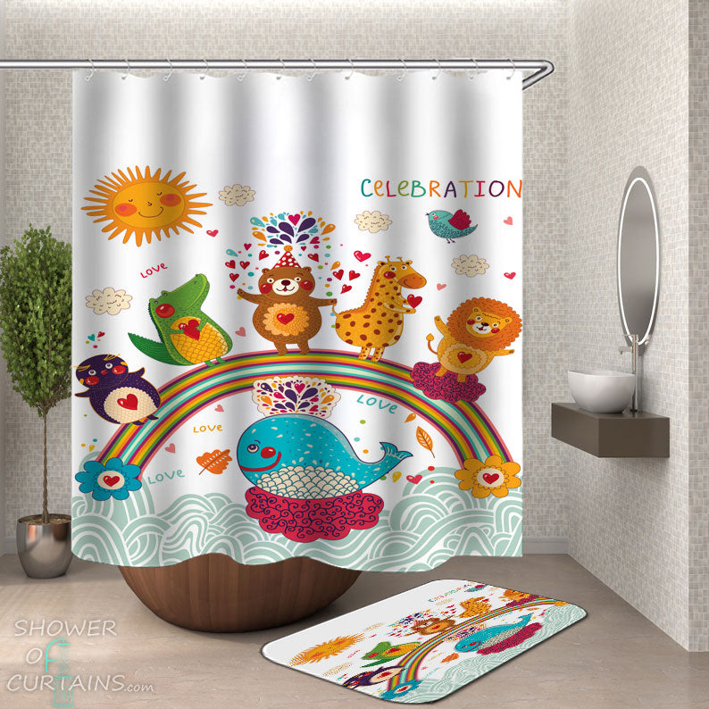 Shower Curtains with Children Celebration with Animals