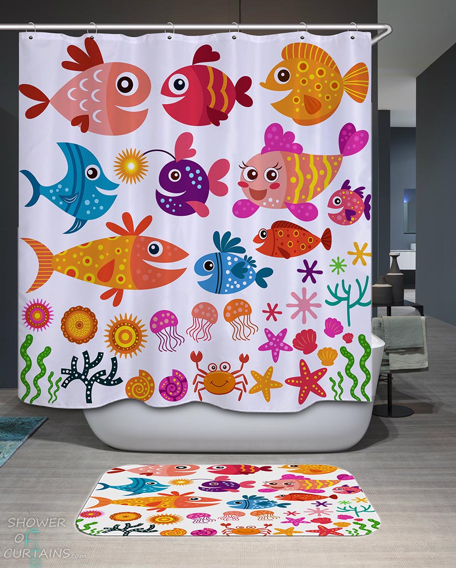 Shower Curtains with Children Colorful Fish and Marine Life