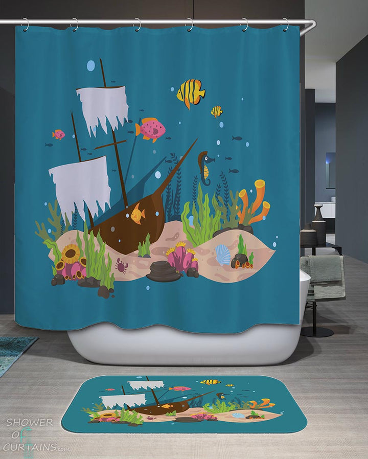 Shower Curtains with Children Sunken Ship