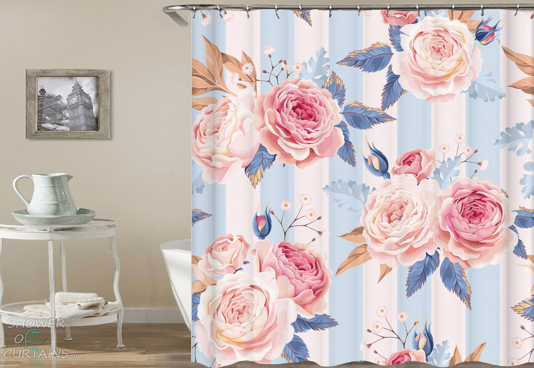 Shower Curtains with Classical Pink Floral Over Stripes