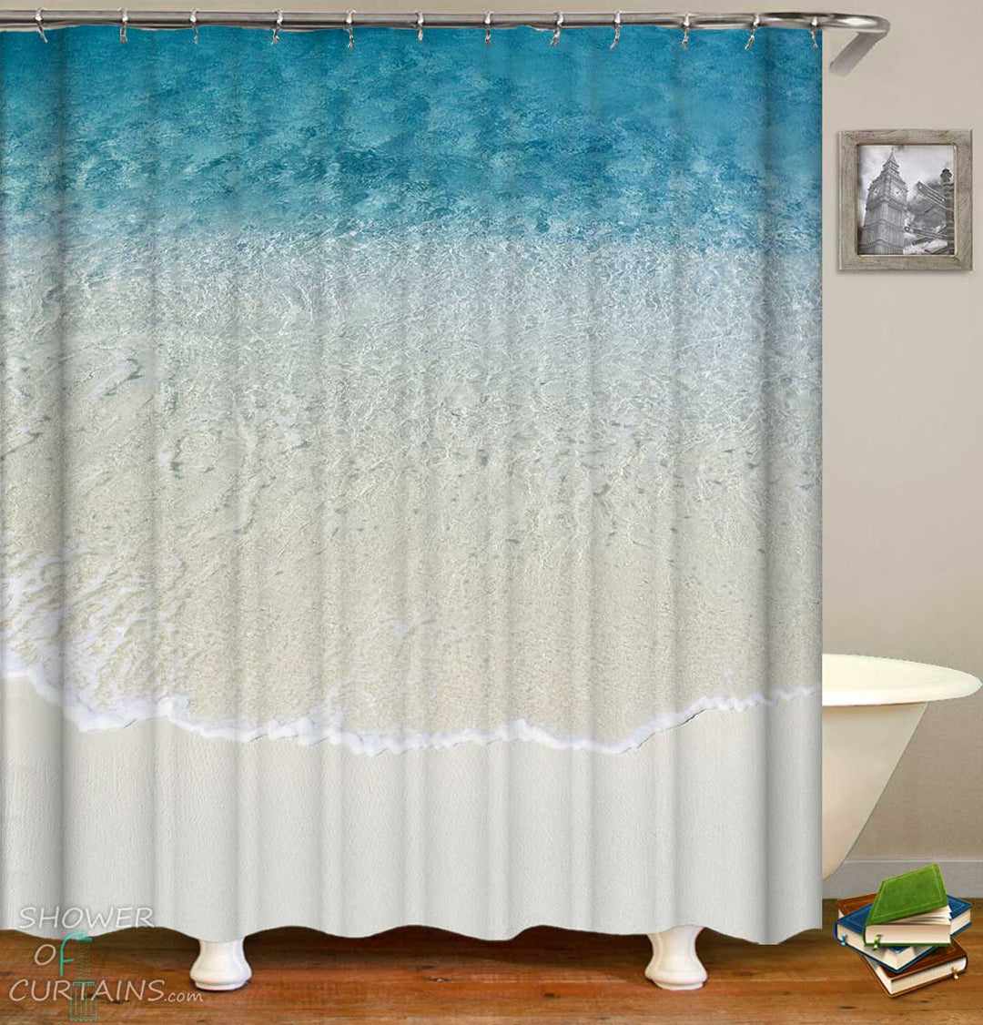 Shower Curtains with Clear Ocean and White Sand Beach