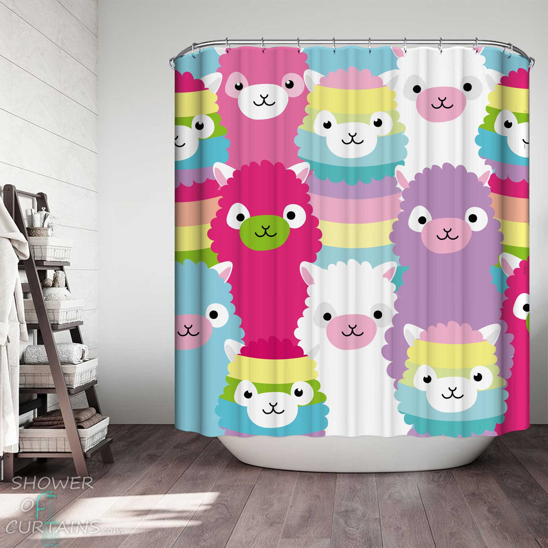 Shower Curtains with Colorful Alpacas