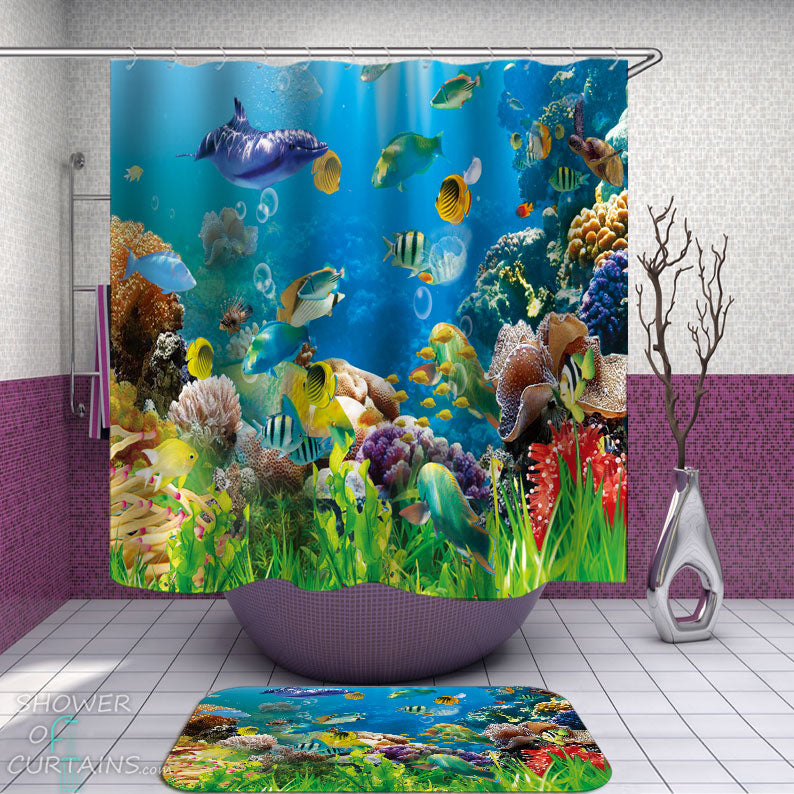 Shower Curtains with Colorful Coral Reef and Fish