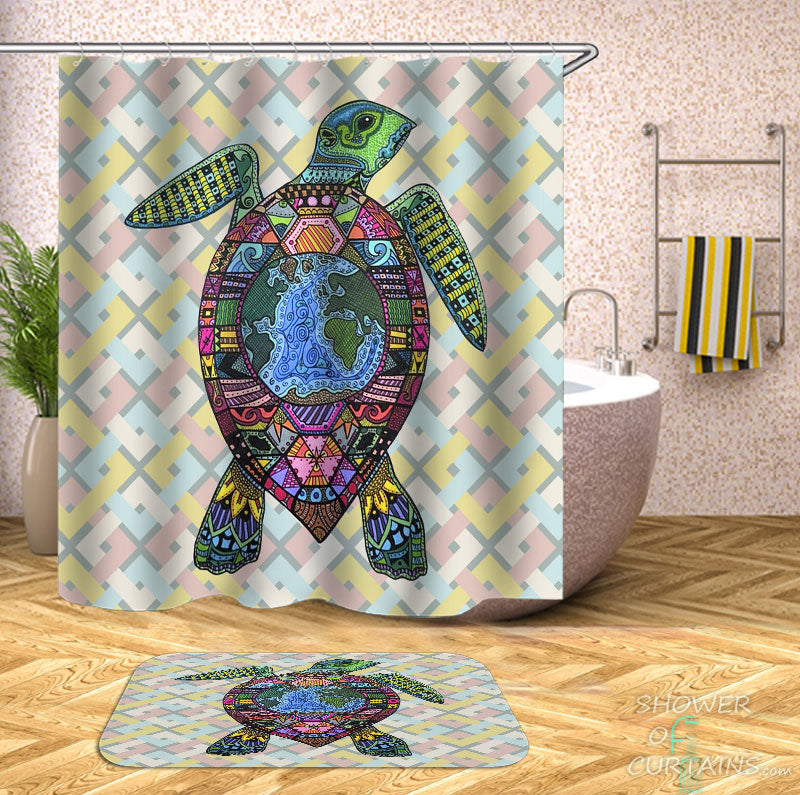 Shower Curtains with Colorful Drawing Turtle