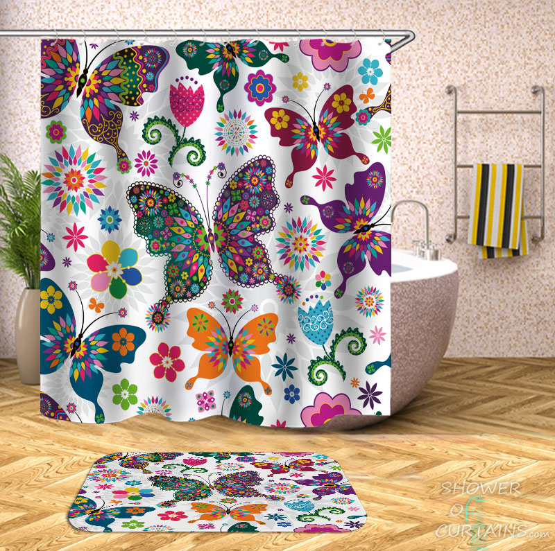 Shower Curtains with Colorful Simple Flowers and Butterflies