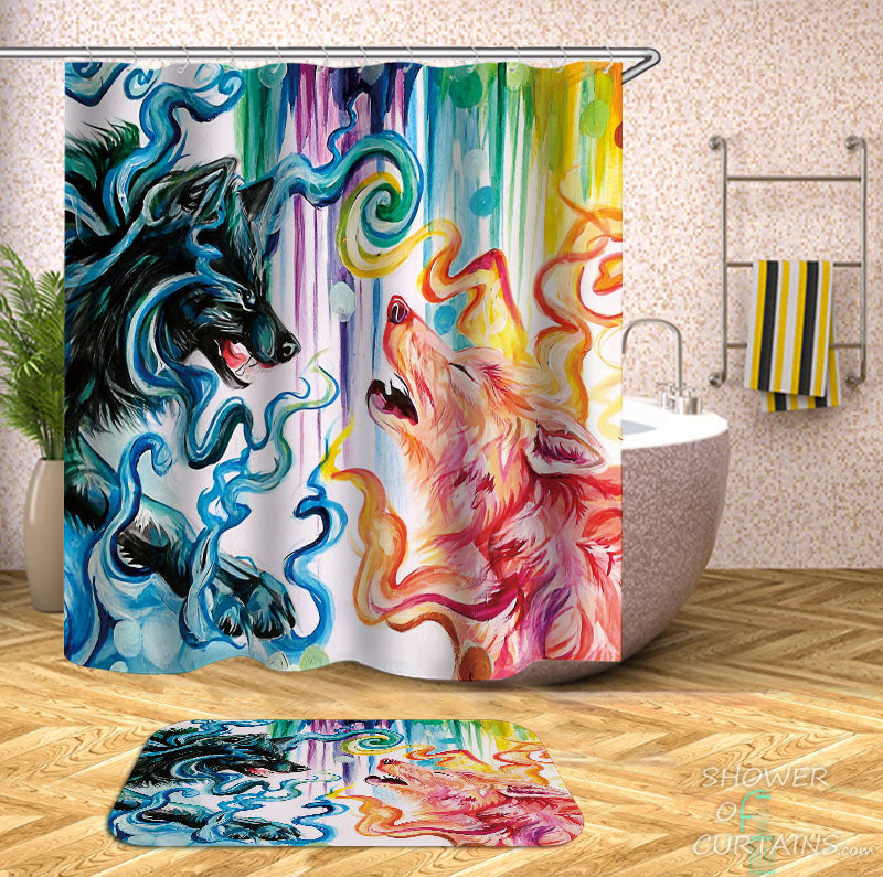 Shower Curtains with Colorful vs Black Wolfs