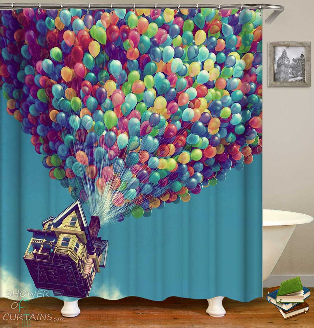 Shower Curtains with Cool Colorful Balloons Flying House