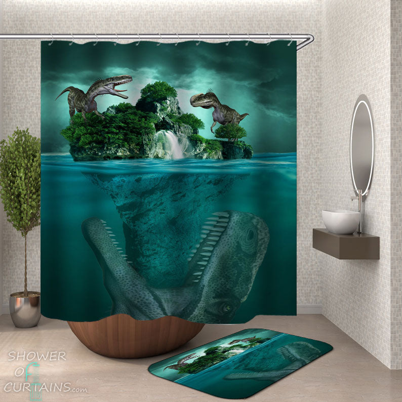 Shower Curtains with Cool Scary Dinosaur Island