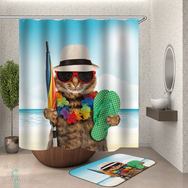 Shower Curtains with Cool Vacation Cat