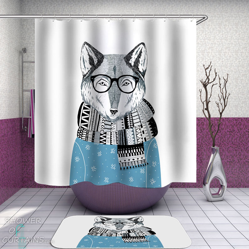 Shower Curtains with Cool Winter Hipster Fox