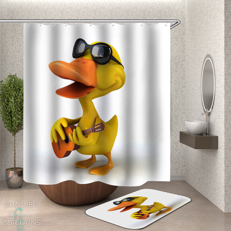 Shower Curtains with Cool Yellow Duck Plays the Guitar
